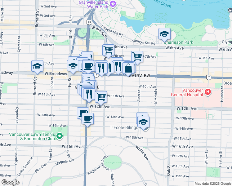 map of restaurants, bars, coffee shops, grocery stores, and more near 1333 West 11th Avenue in Vancouver
