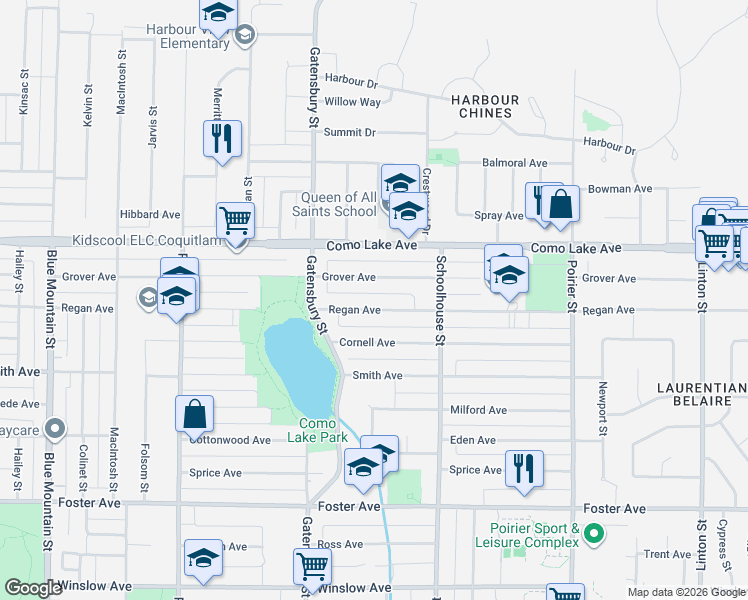 map of restaurants, bars, coffee shops, grocery stores, and more near 1329 Regan Avenue in Coquitlam