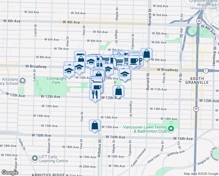 map of restaurants, bars, coffee shops, grocery stores, and more near 2028 W 11 Ave in Vancouver