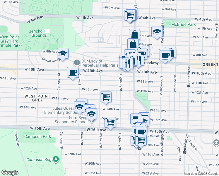 map of restaurants, bars, coffee shops, grocery stores, and more near 3853 West 12th Avenue in Vancouver
