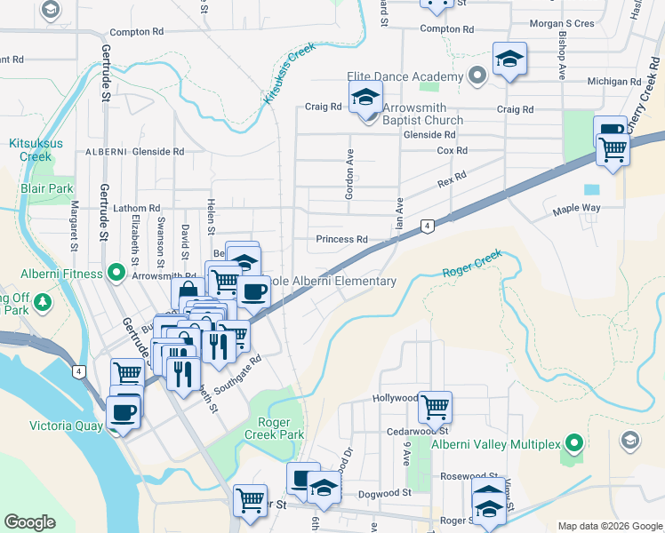 map of restaurants, bars, coffee shops, grocery stores, and more near 4330 Johnston Road in Port Alberni