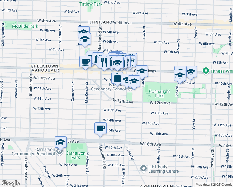 map of restaurants, bars, coffee shops, grocery stores, and more near 2720 Stephens Street in Vancouver