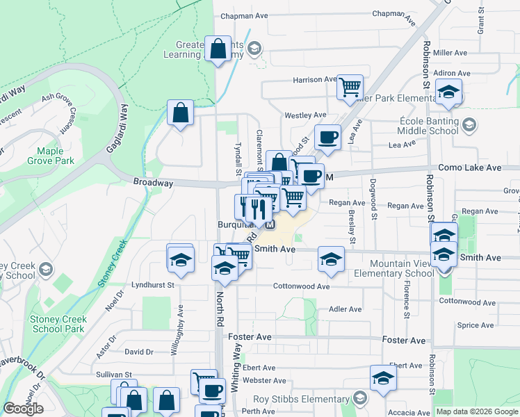 map of restaurants, bars, coffee shops, grocery stores, and more near 555 Clarke Road in Coquitlam