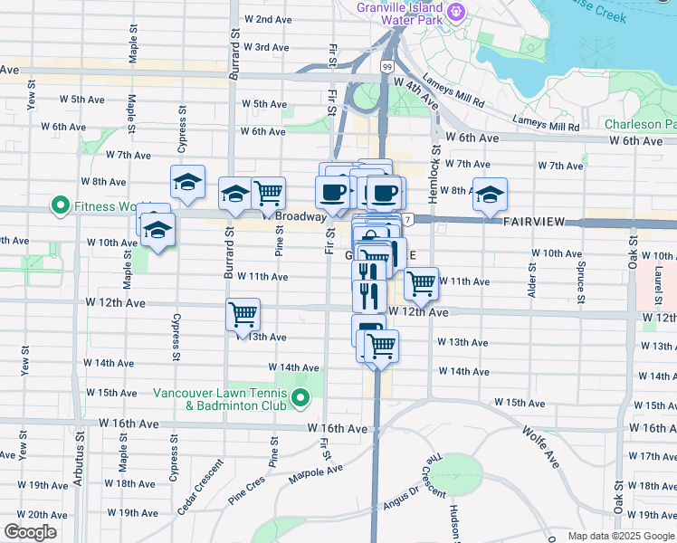 map of restaurants, bars, coffee shops, grocery stores, and more near 105-1585 West 11th Avenue in Vancouver