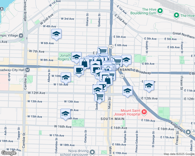 map of restaurants, bars, coffee shops, grocery stores, and more near 2606 Quebec Street in Vancouver