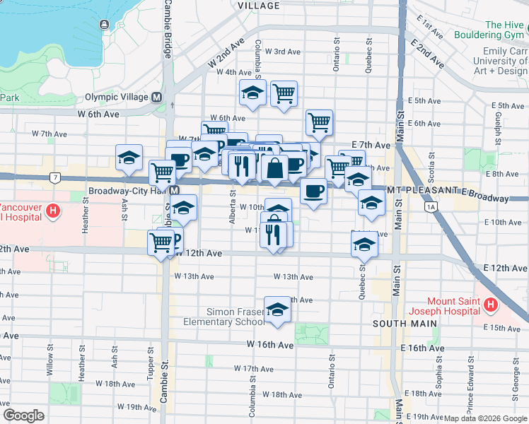 map of restaurants, bars, coffee shops, grocery stores, and more near 170 West 10th Avenue in Vancouver