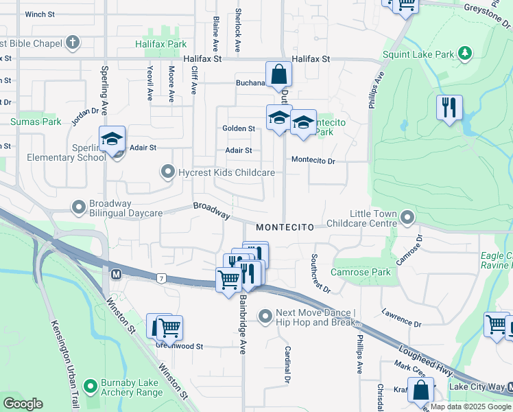 map of restaurants, bars, coffee shops, grocery stores, and more near 7130 Paulus Crescent in Burnaby