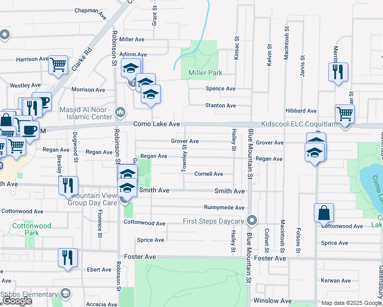 map of restaurants, bars, coffee shops, grocery stores, and more near 837 Regan Avenue in Coquitlam
