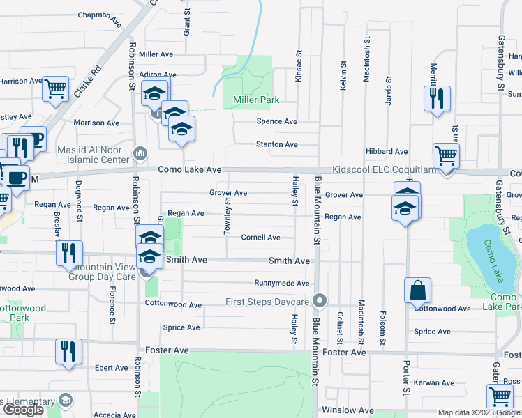 map of restaurants, bars, coffee shops, grocery stores, and more near 901 Regan Avenue in Coquitlam