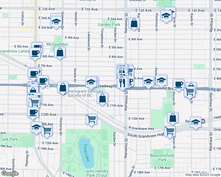 map of restaurants, bars, coffee shops, grocery stores, and more near in Vancouver