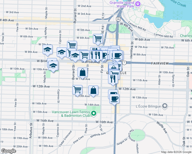 map of restaurants, bars, coffee shops, grocery stores, and more near in Vancouver