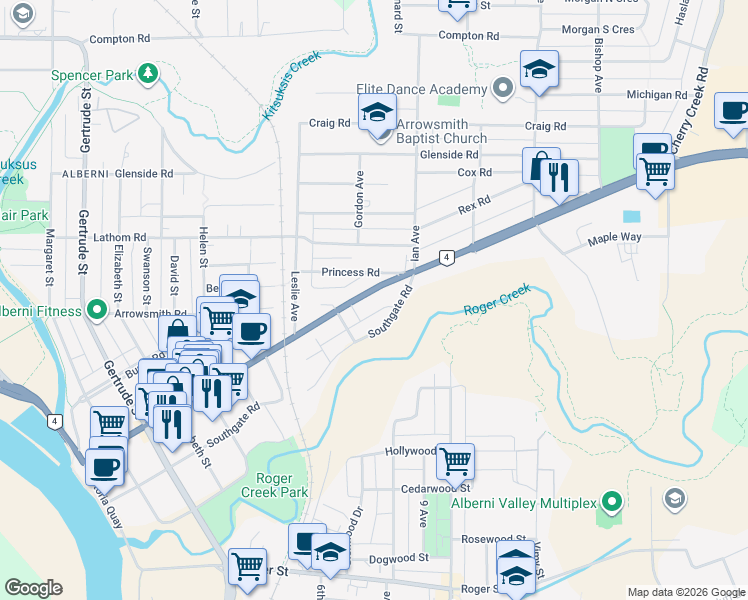 map of restaurants, bars, coffee shops, grocery stores, and more near 4258 Johnston Road in Port Alberni