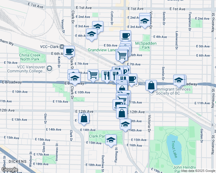 map of restaurants, bars, coffee shops, grocery stores, and more near 1568 East Broadway in Vancouver