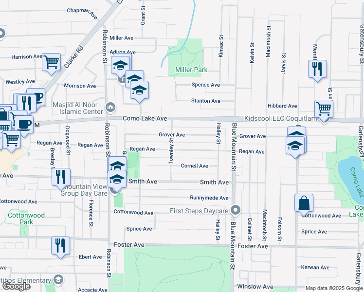 map of restaurants, bars, coffee shops, grocery stores, and more near 839 Regan Avenue in Coquitlam