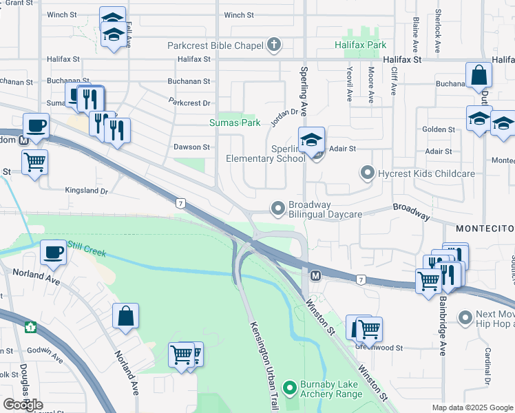 map of restaurants, bars, coffee shops, grocery stores, and more near 6605 Broadway in Burnaby