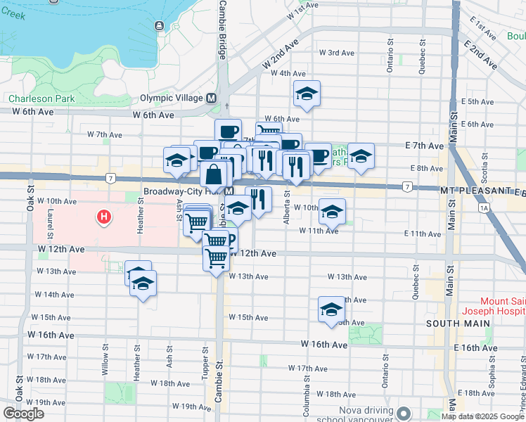 map of restaurants, bars, coffee shops, grocery stores, and more near 380 West 10th Avenue in Vancouver