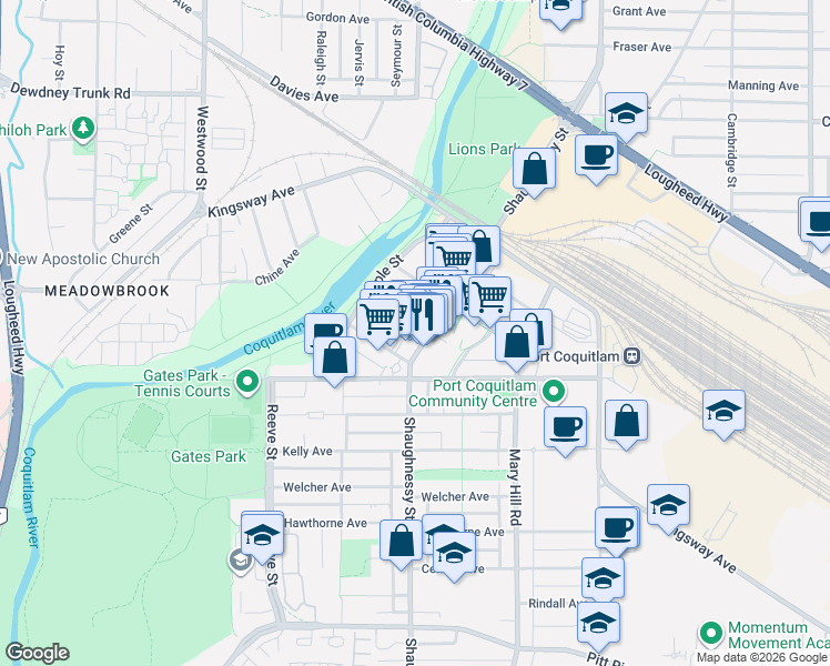 map of restaurants, bars, coffee shops, grocery stores, and more near 2541 Shaughnessy Street in Port Coquitlam