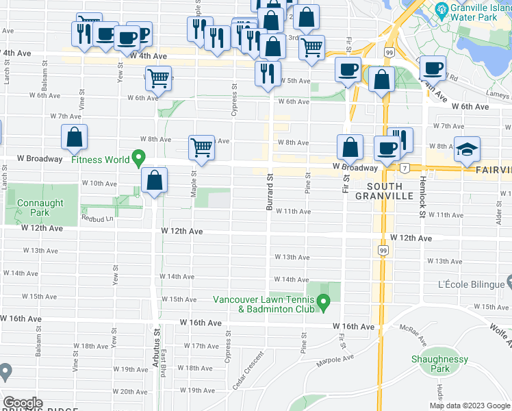 map of restaurants, bars, coffee shops, grocery stores, and more near 1825 West 11th Avenue in Vancouver