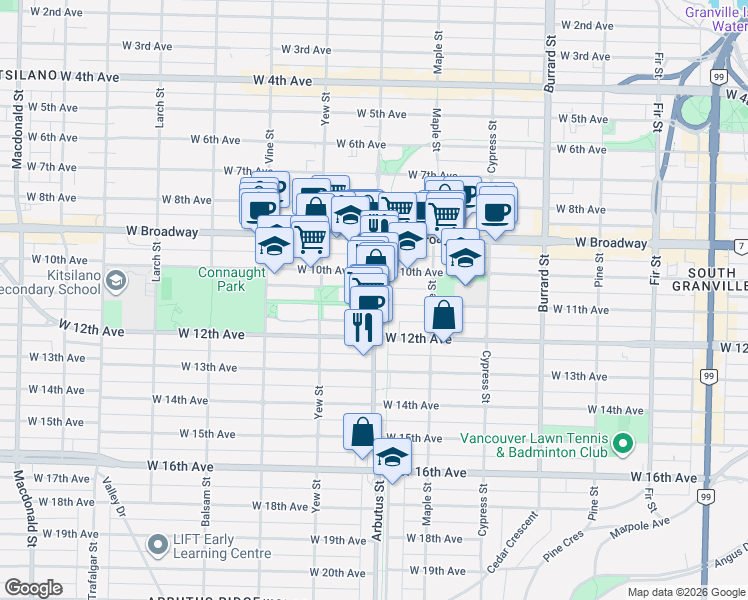 map of restaurants, bars, coffee shops, grocery stores, and more near 2705 Arbutus Street in Vancouver