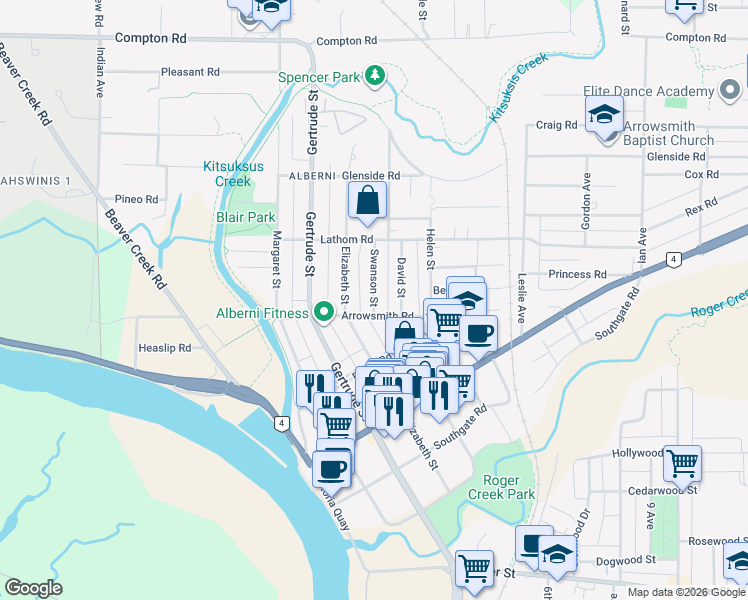 map of restaurants, bars, coffee shops, grocery stores, and more near 4817 Swanson Street in Port Alberni