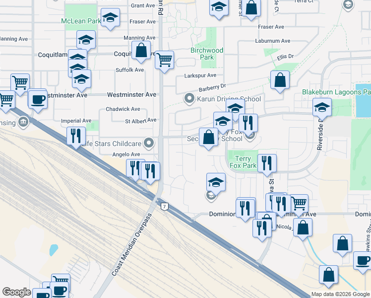 map of restaurants, bars, coffee shops, grocery stores, and more near 2646 Thames Crescent in Port Coquitlam