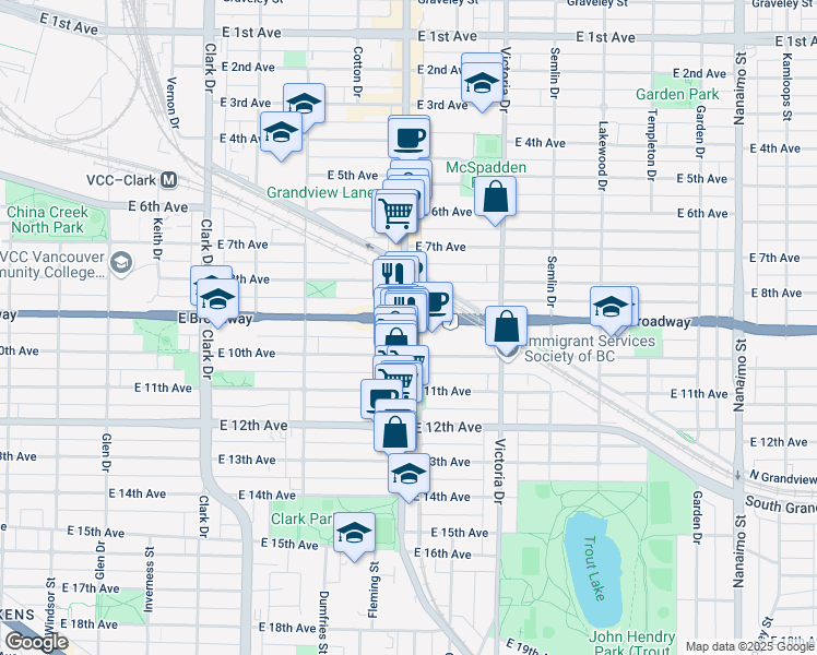 map of restaurants, bars, coffee shops, grocery stores, and more near 2540 Commercial Drive in Vancouver