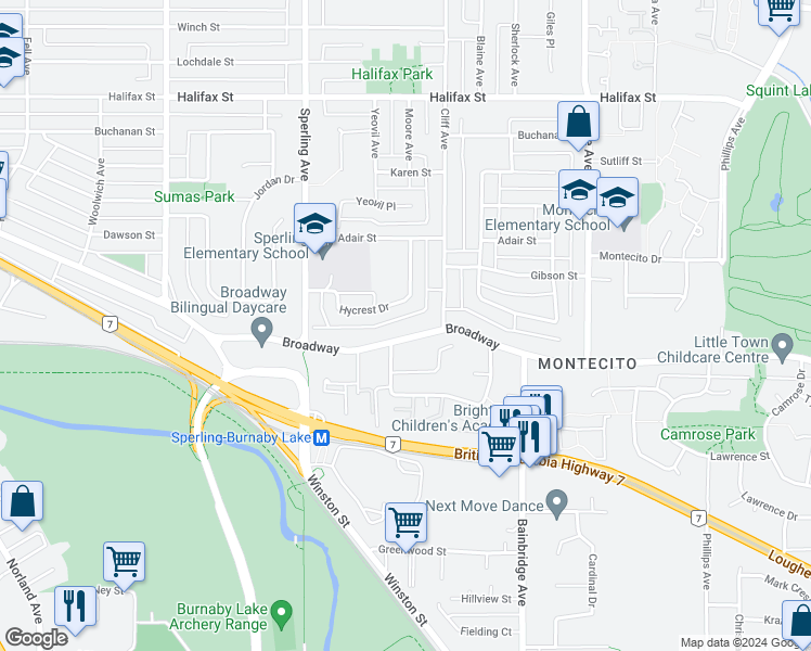 map of restaurants, bars, coffee shops, grocery stores, and more near 6905 Broadway in Burnaby