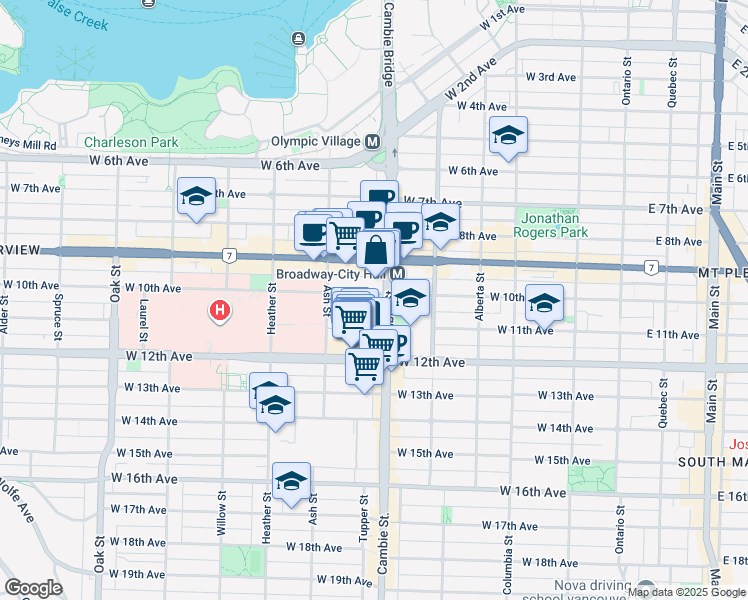 map of restaurants, bars, coffee shops, grocery stores, and more near 500 West 10th Avenue in Vancouver