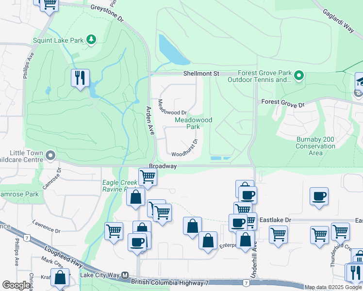 map of restaurants, bars, coffee shops, grocery stores, and more near 2251 Windwood Place in Burnaby