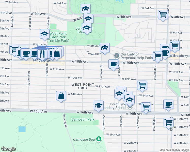 map of restaurants, bars, coffee shops, grocery stores, and more near 4133 West 12th Avenue in Vancouver