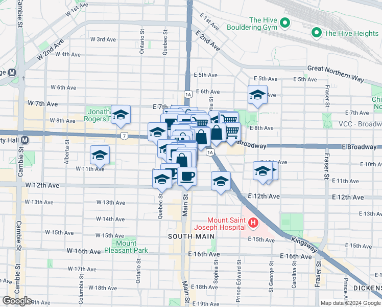 map of restaurants, bars, coffee shops, grocery stores, and more near 209 East 10th Avenue in Vancouver