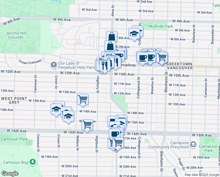 map of restaurants, bars, coffee shops, grocery stores, and more near 2753 Alma Street in Vancouver