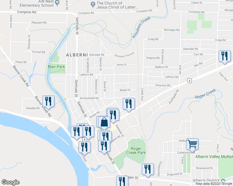 map of restaurants, bars, coffee shops, grocery stores, and more near 4586 Beale Street in Port Alberni