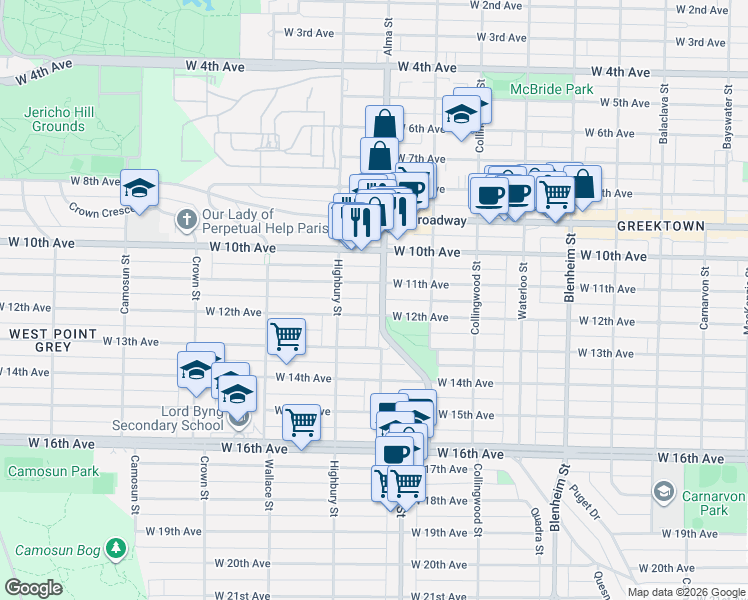 map of restaurants, bars, coffee shops, grocery stores, and more near 2753 Alma Street in Vancouver