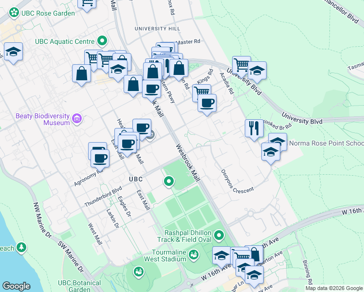 map of restaurants, bars, coffee shops, grocery stores, and more near in University Endowment Lands