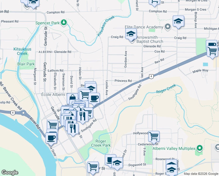 map of restaurants, bars, coffee shops, grocery stores, and more near 4749 Leslie Avenue in Port Alberni