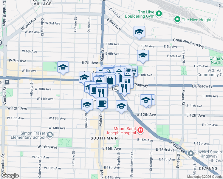map of restaurants, bars, coffee shops, grocery stores, and more near 285 East 10th Avenue in Vancouver
