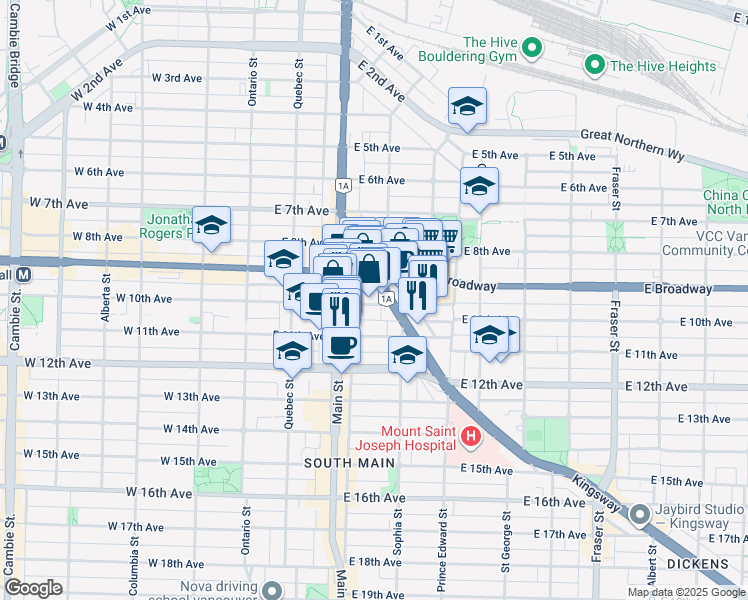 map of restaurants, bars, coffee shops, grocery stores, and more near 285 East 10th Avenue in Vancouver