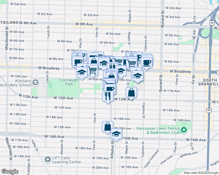 map of restaurants, bars, coffee shops, grocery stores, and more near 2111 West 11th Avenue in Vancouver