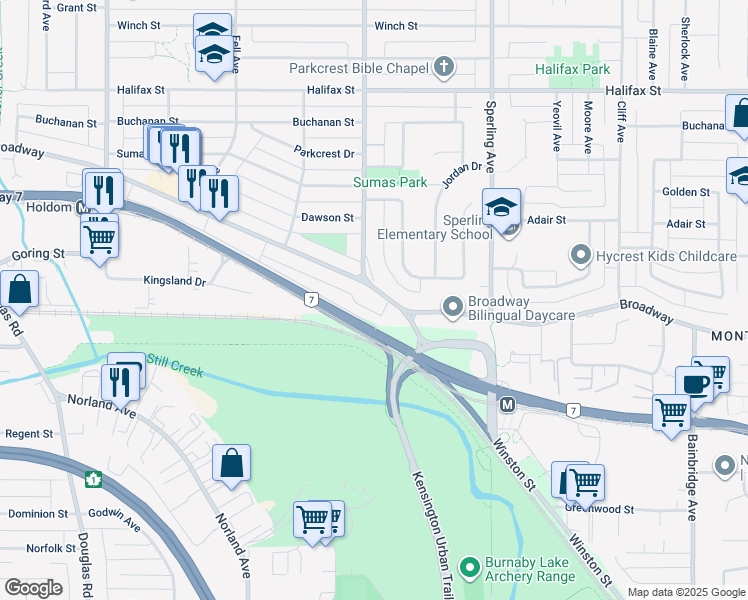 map of restaurants, bars, coffee shops, grocery stores, and more near 6522 Broadway in Burnaby