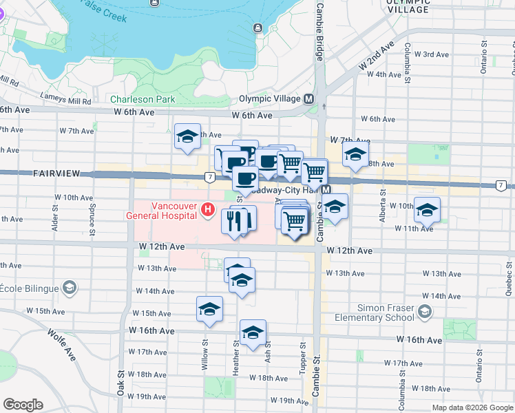 map of restaurants, bars, coffee shops, grocery stores, and more near 600 West 10th Avenue in Vancouver