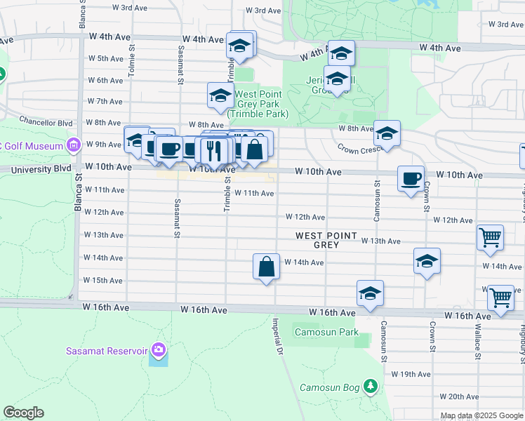 map of restaurants, bars, coffee shops, grocery stores, and more near 4327 West 12th Avenue in Vancouver