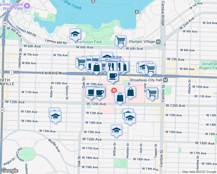 map of restaurants, bars, coffee shops, grocery stores, and more near 828 West 10th Avenue in Vancouver