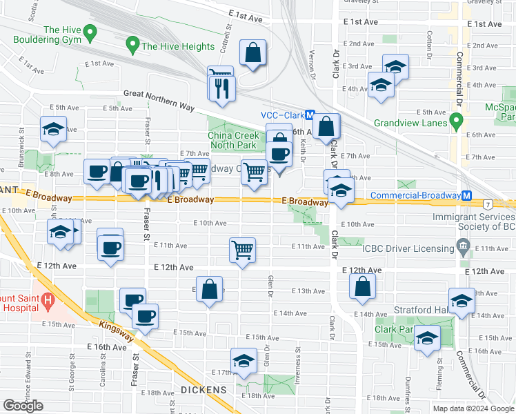 map of restaurants, bars, coffee shops, grocery stores, and more near 1040 East Broadway in Vancouver