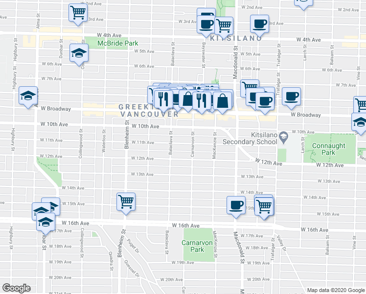 map of restaurants, bars, coffee shops, grocery stores, and more near 3056 West 11th Avenue in Vancouver