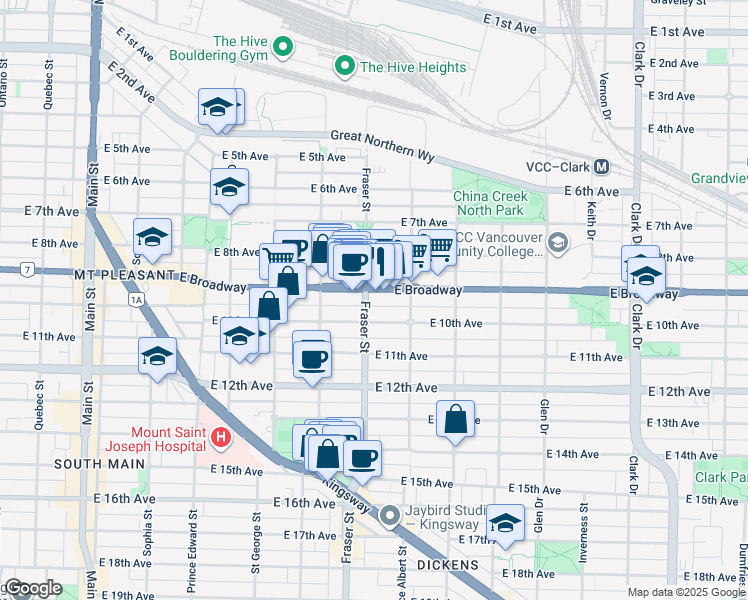 map of restaurants, bars, coffee shops, grocery stores, and more near 2508 Fraser Street in Vancouver