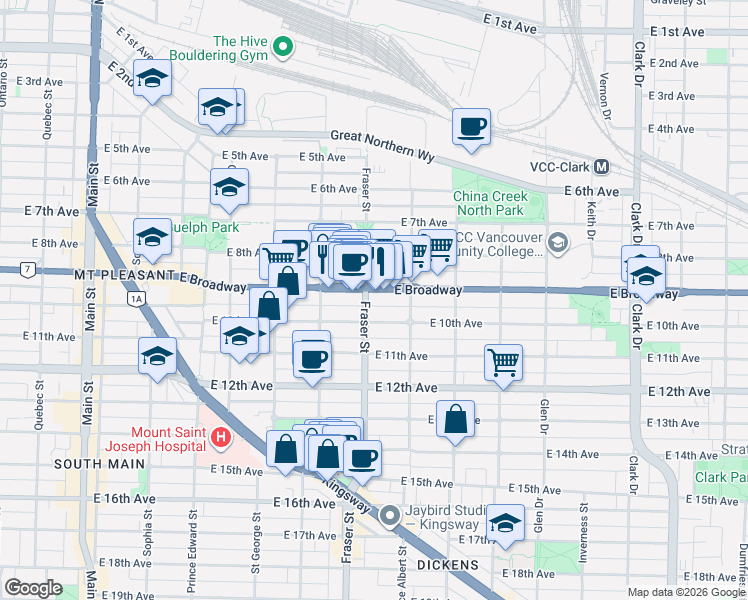 map of restaurants, bars, coffee shops, grocery stores, and more near 2508 Fraser Street in Vancouver
