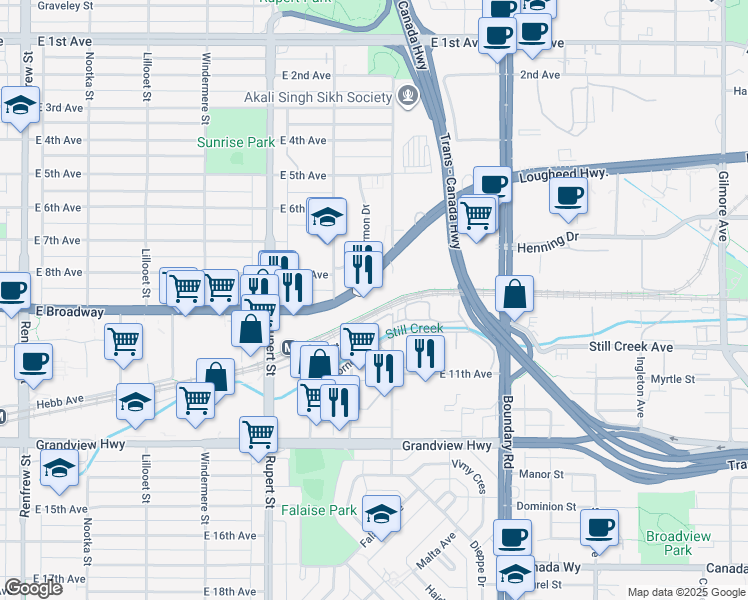 map of restaurants, bars, coffee shops, grocery stores, and more near in Vancouver