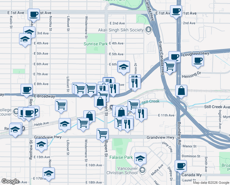map of restaurants, bars, coffee shops, grocery stores, and more near 3333 East Broadway in Vancouver