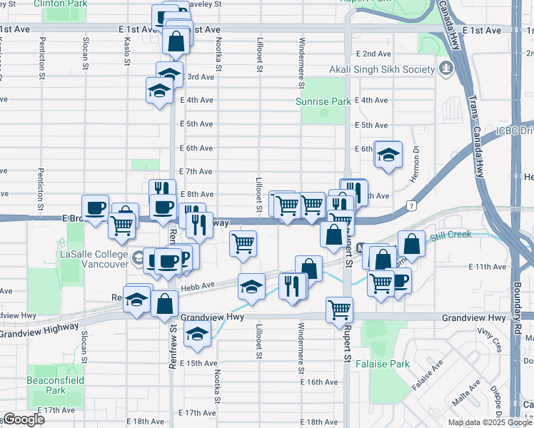 map of restaurants, bars, coffee shops, grocery stores, and more near 3115 East Broadway in Vancouver